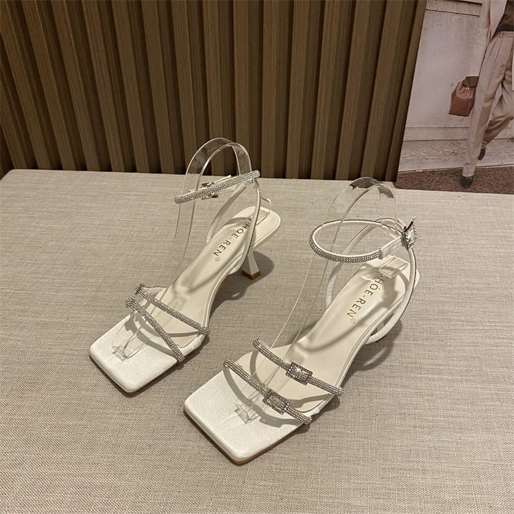 Giày Cao Gót Mũi Vuông Đính Đá Trang Trí Sang Trọng Hợp Thời Trang