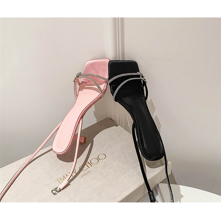 Giày Cao Gót Mũi Vuông Đính Đá Trang Trí Sang Trọng Hợp Thời Trang