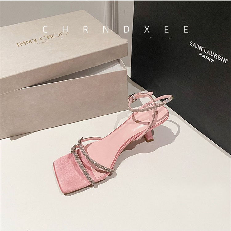 Giày Cao Gót Mũi Vuông Đính Đá Trang Trí Sang Trọng Hợp Thời Trang