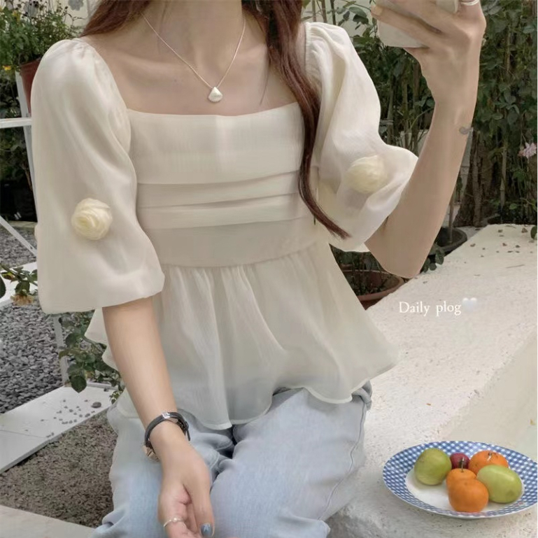 Áo Kiểu Cổ Vuông Tay Phồng Ngắn Thời Trang Hàn Quốc Cho Nữ