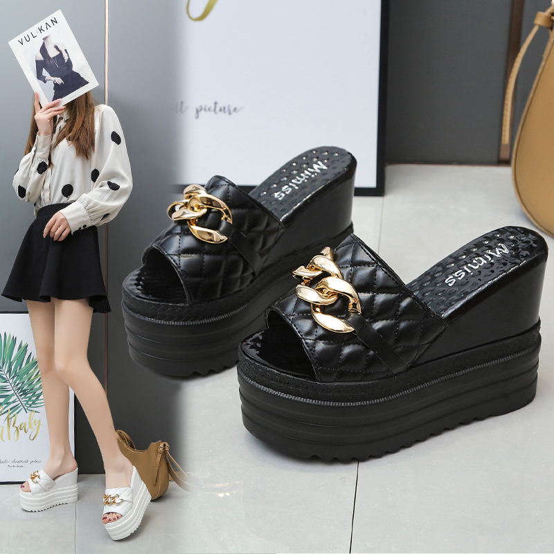 Dép Xỏ Ngón Đế Xuồng 12cm Chống Trượt Phối Dây Xích Thời Trang Cho Nữ size 34-39