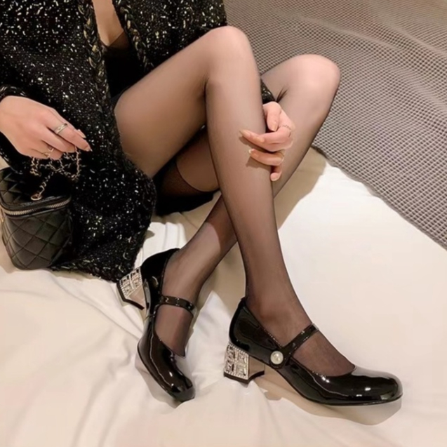 Giày cao gót Fairy Wind Painted Thô gót nữ Giày cao gót Girl One Button Mary Jane