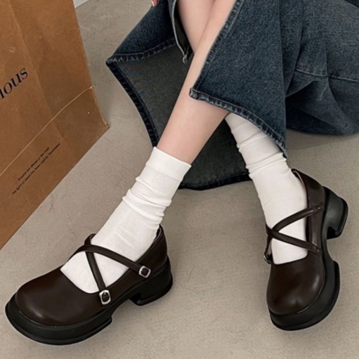 Giày Da Đế Dày Phong Cách Retro Pháp Dễ Phối Đồ