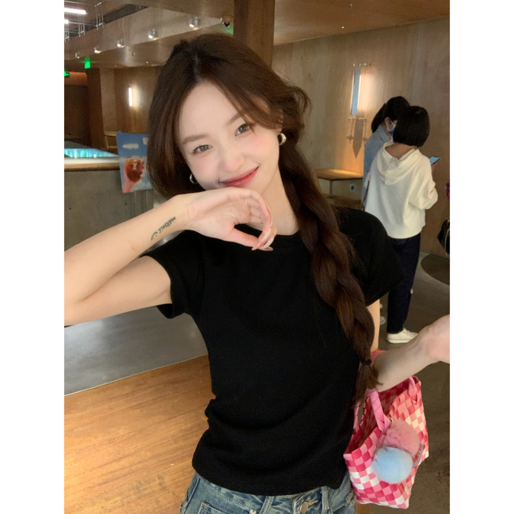 HUANG YOYO Áo Thun Tay Ngắn Cổ Tròn Dáng Ôm Khoét Lưng Thời Trang Cho Nữ