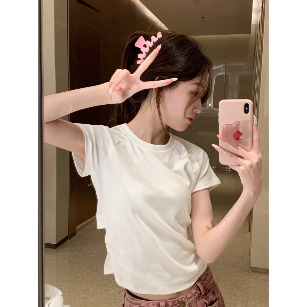 HUANG YOYO Áo Thun Tay Ngắn Cổ Tròn Dáng Ôm Khoét Lưng Thời Trang Cho Nữ