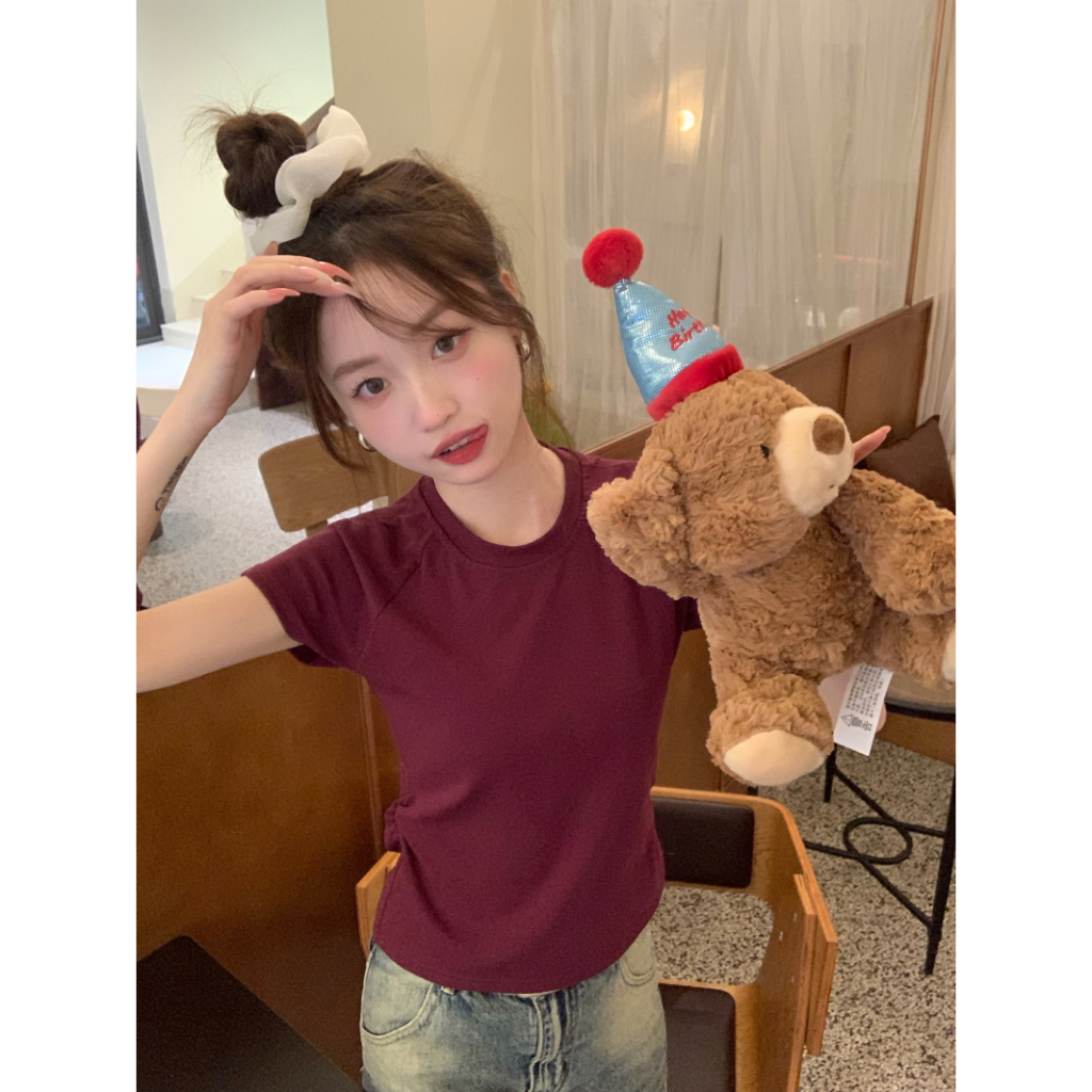 HUANG YOYO Áo Thun Tay Ngắn Cổ Tròn Dáng Ôm Khoét Lưng Thời Trang Cho Nữ