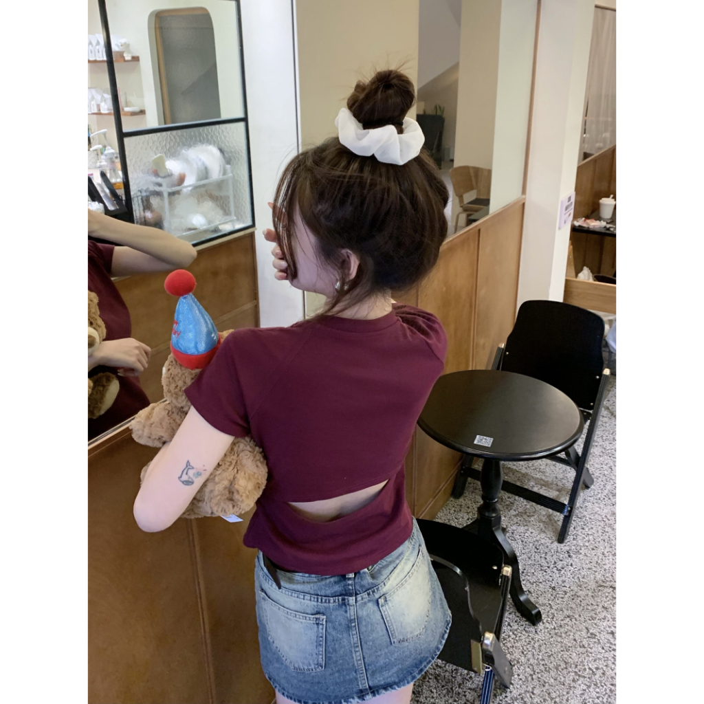 HUANG YOYO Áo Thun Tay Ngắn Cổ Tròn Dáng Ôm Khoét Lưng Thời Trang Cho Nữ