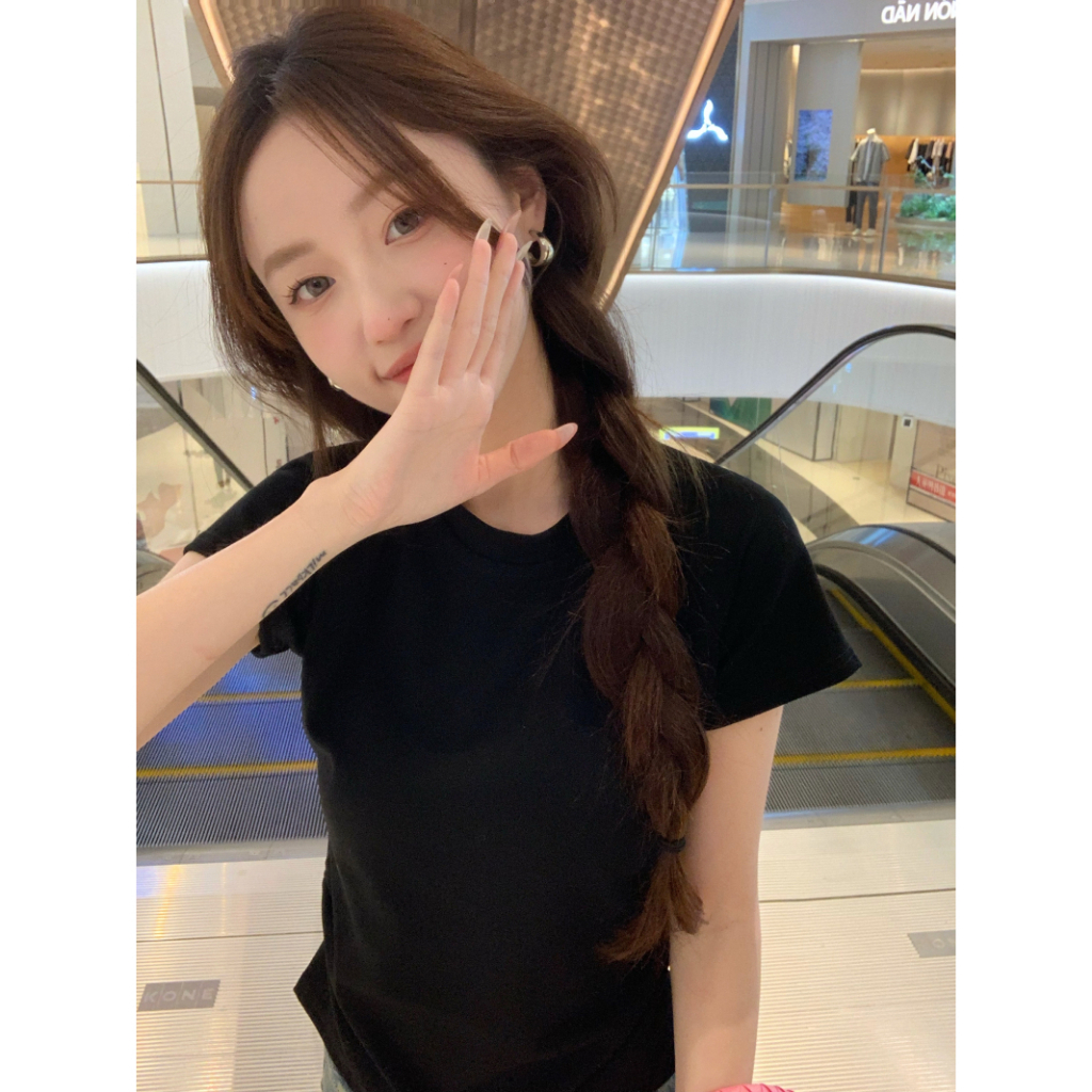 HUANG YOYO Áo Thun Tay Ngắn Cổ Tròn Dáng Ôm Khoét Lưng Thời Trang Cho Nữ