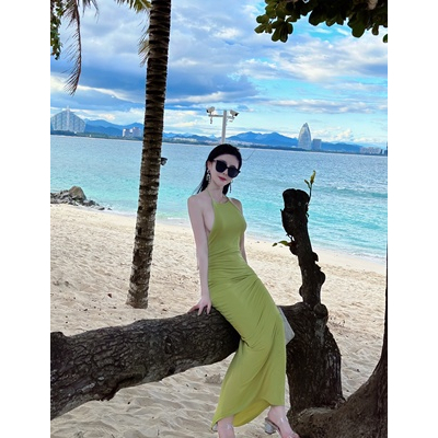 New Sexy Hot girl hip beauty holiday dress stretch beach Dew dress backless hanging neck figure long skirt LLWZ