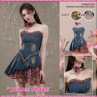 [+ Hoa Cổ] Đầm Ngắn denim Chắp Vá Hình Hoa Hồng Cổ Điển Mùa Hè Mới Cho Nữ