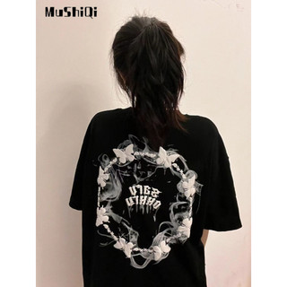 Áo Thun cotton Ngắn Tay Màu Đen In Hình Bướm Phong Cách Đường Phố Mỹ Cho Nữ