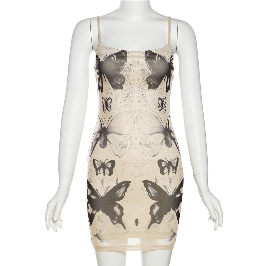 Klalien Đầm Mini Hai Dây Dáng Ôm In Họa Tiết Bươm Bướm Thời Trang Mùa Hè Quyến Rũ Cho Nữ