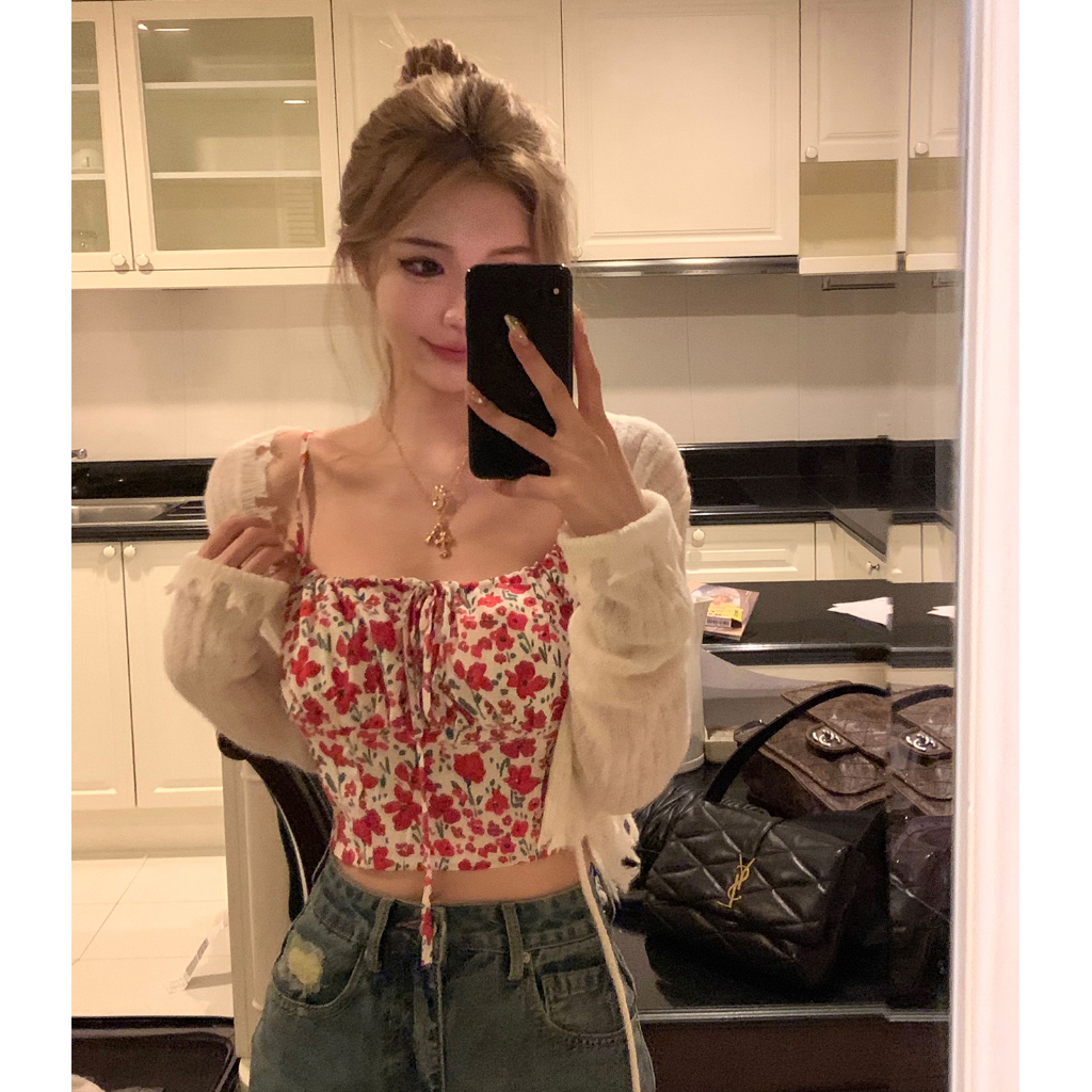 Áo Croptop Sát Nách Hoạ Tiết Hoa Thiết Kế Hợp Thời Trang