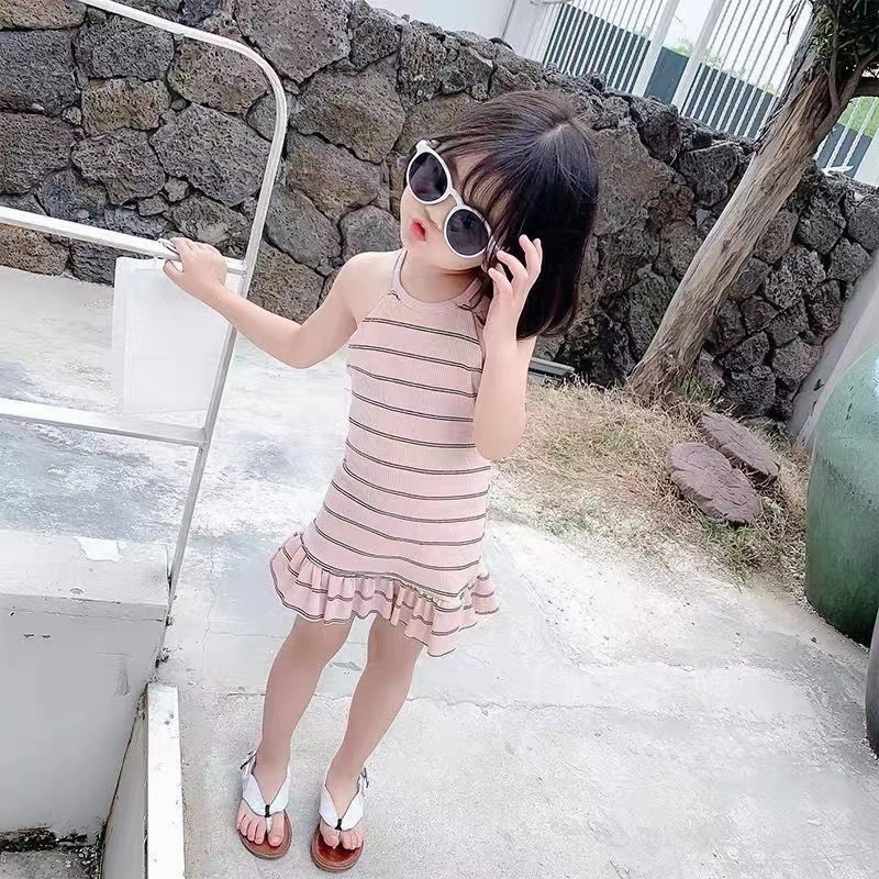 Đầm hai dây đi biển co giãn kẻ sọc phong cách mùa hè Hàn Quốc cho bé gái