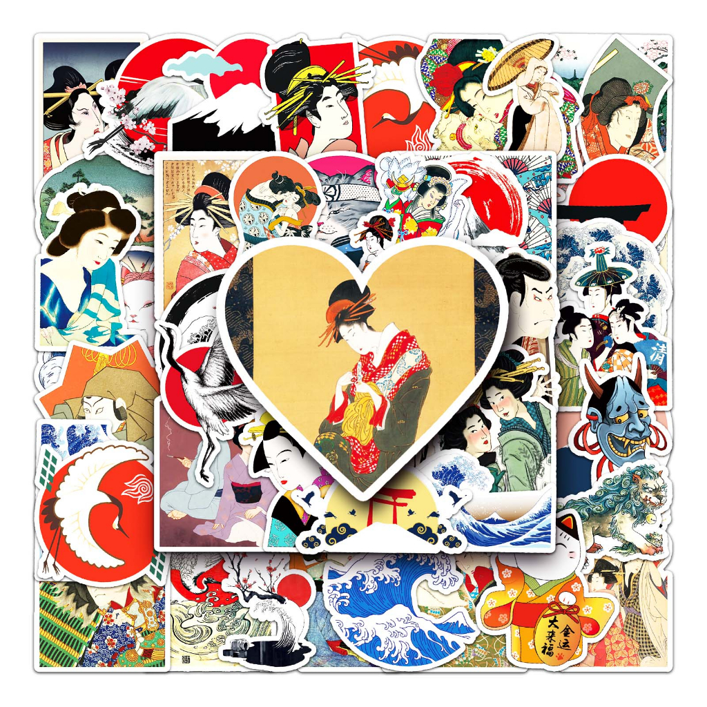 Bộ 50 Miếng Dán Chống Thấm Nước Họa Tiết Ukiyoe Vui Nhộn Trang Trí Xe Hơi / Nhà Cửa