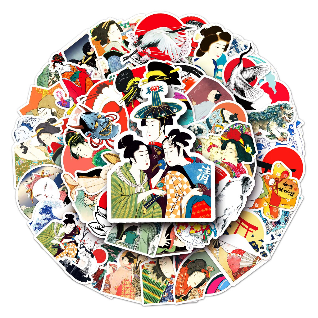 Bộ 50 Miếng Dán Chống Thấm Nước Họa Tiết Ukiyoe Vui Nhộn Trang Trí Xe Hơi / Nhà Cửa