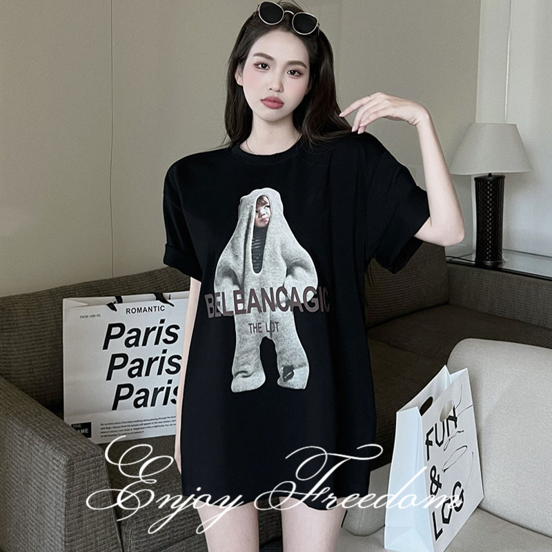 Áo Thun Tay Ngắn Cổ Tròn Dáng Rộng In Hoạt Hình Phong Cách Hàn Quốc Xinh Xắn Cho Nữ