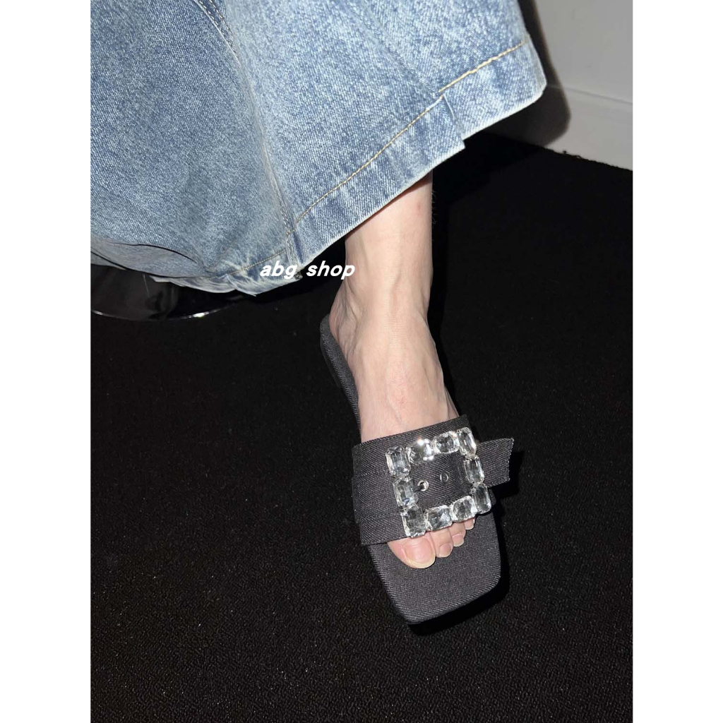 Dép Quai Ngang Denim Đính Đá Lấp Lánh Thời Trang Cho Nữ