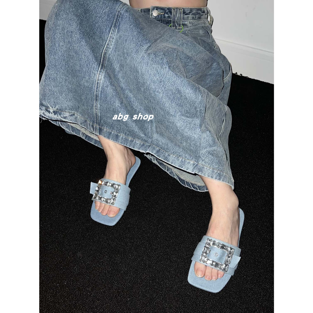 Dép Quai Ngang Denim Đính Đá Lấp Lánh Thời Trang Cho Nữ