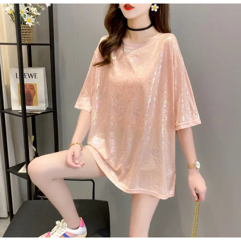 Áo Thun Tay Ngắn Dáng Rộng In Chữ Lấp Lánh Phong Cách Hàn Quốc Thời Trang Mùa Hè Cho Nữ