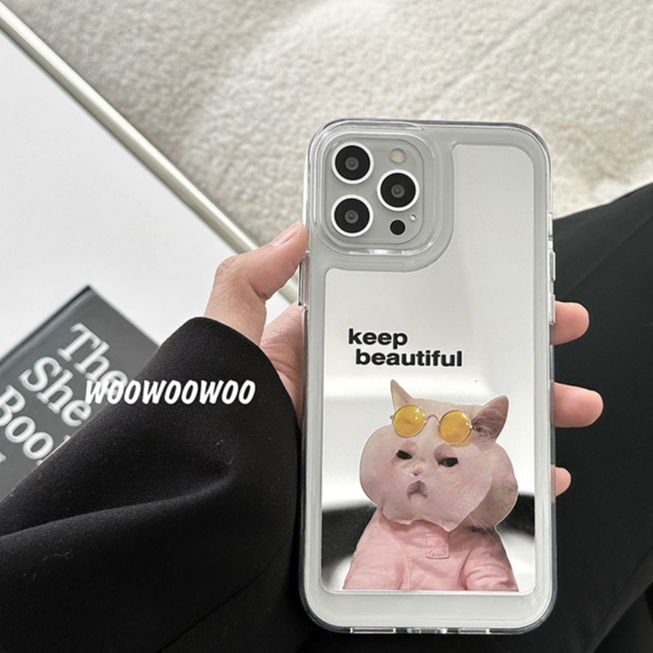 Ốp Điện Thoại Mặt Gương In Hình Mèo Dễ Thương Cho compatible for iPhone x xr xs max 11 12 13 14 pro max