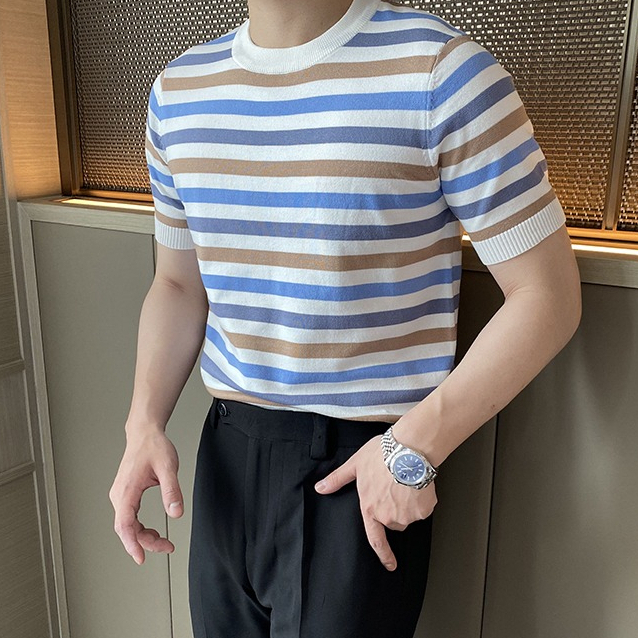 Áo Dệt Kim Mỏng Dáng Ôm Tay Ngắn Màu Sắc Tương Phản Thời Trang Mùa Hè Cho Nam Giới Có Size M-3xl