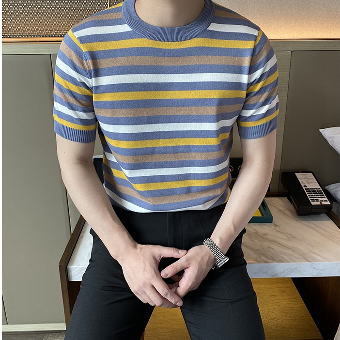 Áo Dệt Kim Mỏng Dáng Ôm Tay Ngắn Màu Sắc Tương Phản Thời Trang Mùa Hè Cho Nam Giới Có Size M-3xl