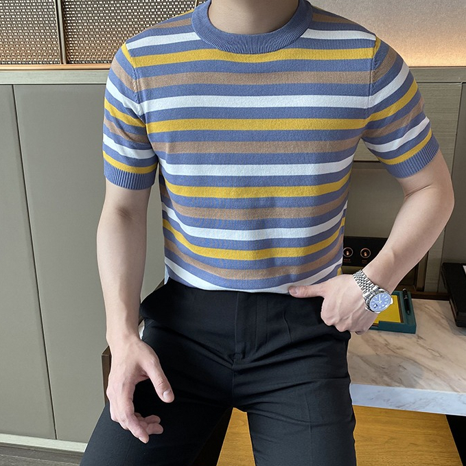 Áo Dệt Kim Mỏng Dáng Ôm Tay Ngắn Màu Sắc Tương Phản Thời Trang Mùa Hè Cho Nam Giới Có Size M-3xl