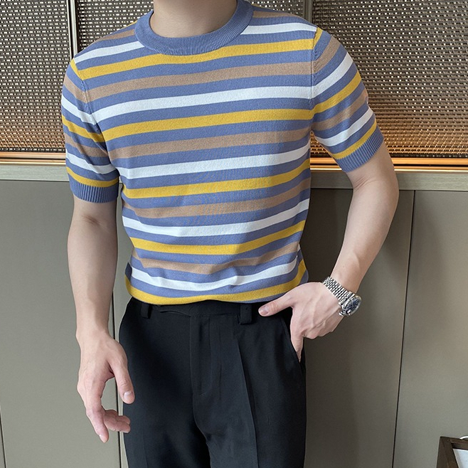 Áo Dệt Kim Mỏng Dáng Ôm Tay Ngắn Màu Sắc Tương Phản Thời Trang Mùa Hè Cho Nam Giới Có Size M-3xl