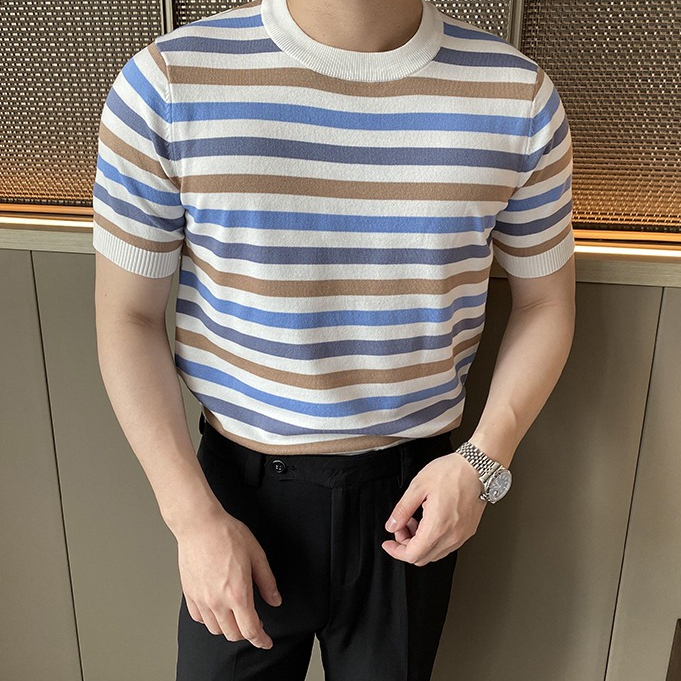 Áo Dệt Kim Mỏng Dáng Ôm Tay Ngắn Màu Sắc Tương Phản Thời Trang Mùa Hè Cho Nam Giới Có Size M-3xl