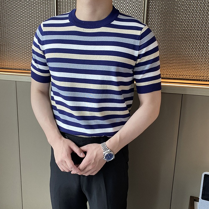 Áo Dệt Kim Mỏng Dáng Ôm Tay Ngắn Màu Sắc Tương Phản Thời Trang Mùa Hè Cho Nam Giới Có Size M-3xl