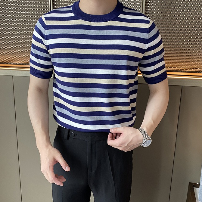 Áo Dệt Kim Mỏng Dáng Ôm Tay Ngắn Màu Sắc Tương Phản Thời Trang Mùa Hè Cho Nam Giới Có Size M-3xl