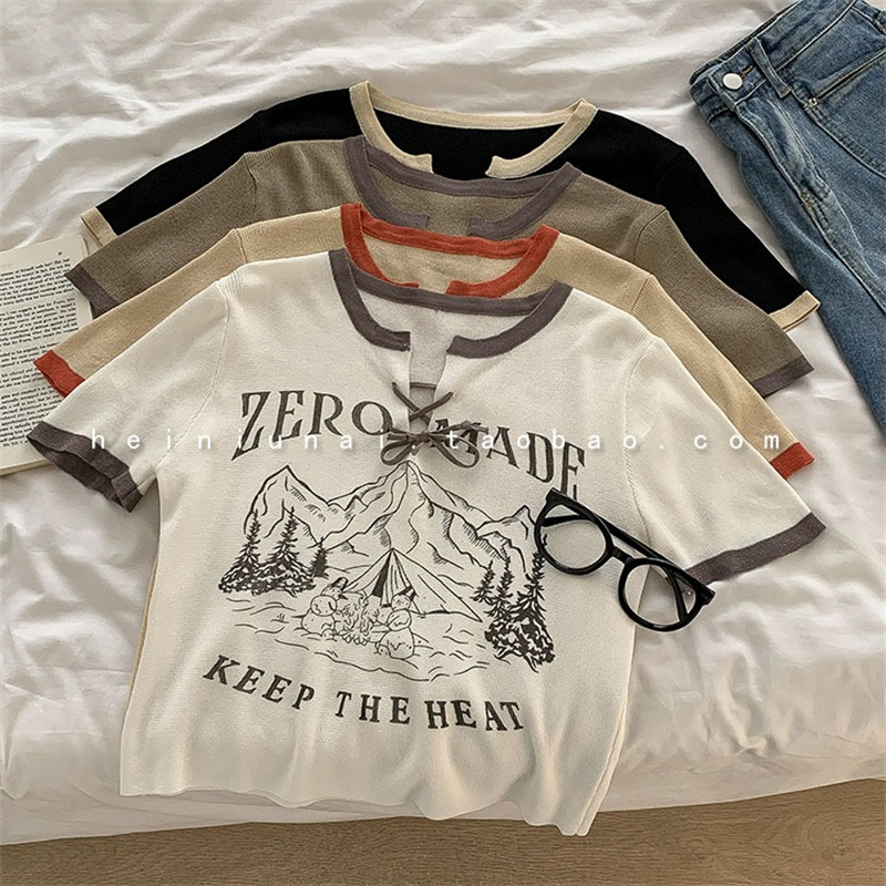 Áo Thun In Chữ Màu Tương Phản Phong Cách Retro Mỹ Mới Cho Nữ