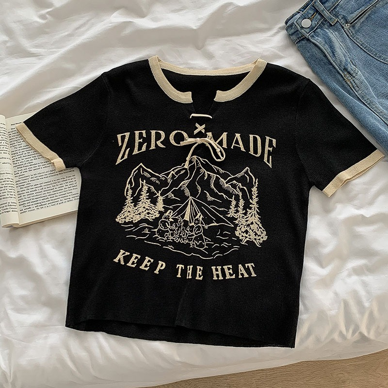 Áo Thun In Chữ Màu Tương Phản Phong Cách Retro Mỹ Mới Cho Nữ