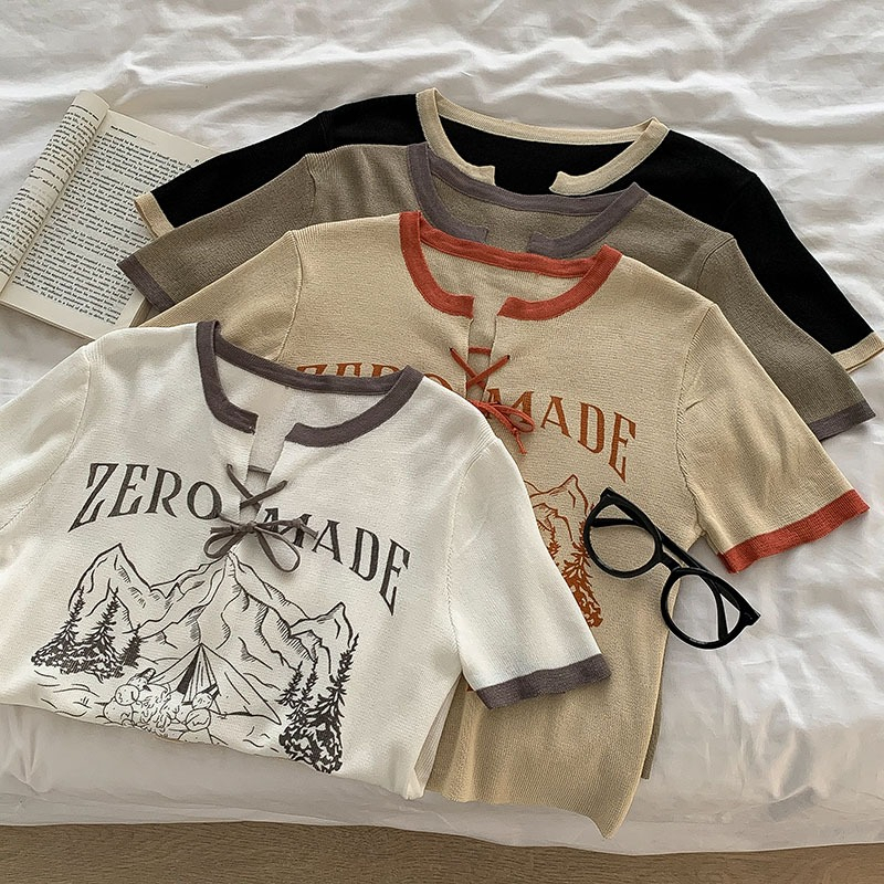 Áo Thun In Chữ Màu Tương Phản Phong Cách Retro Mỹ Mới Cho Nữ