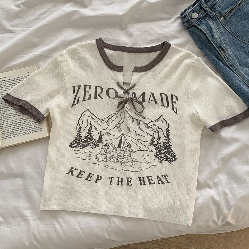 Áo Thun In Chữ Màu Tương Phản Phong Cách Retro Mỹ Mới Cho Nữ