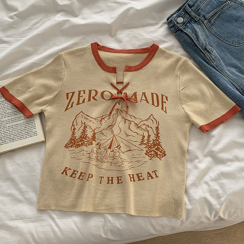 Áo Thun In Chữ Màu Tương Phản Phong Cách Retro Mỹ Mới Cho Nữ