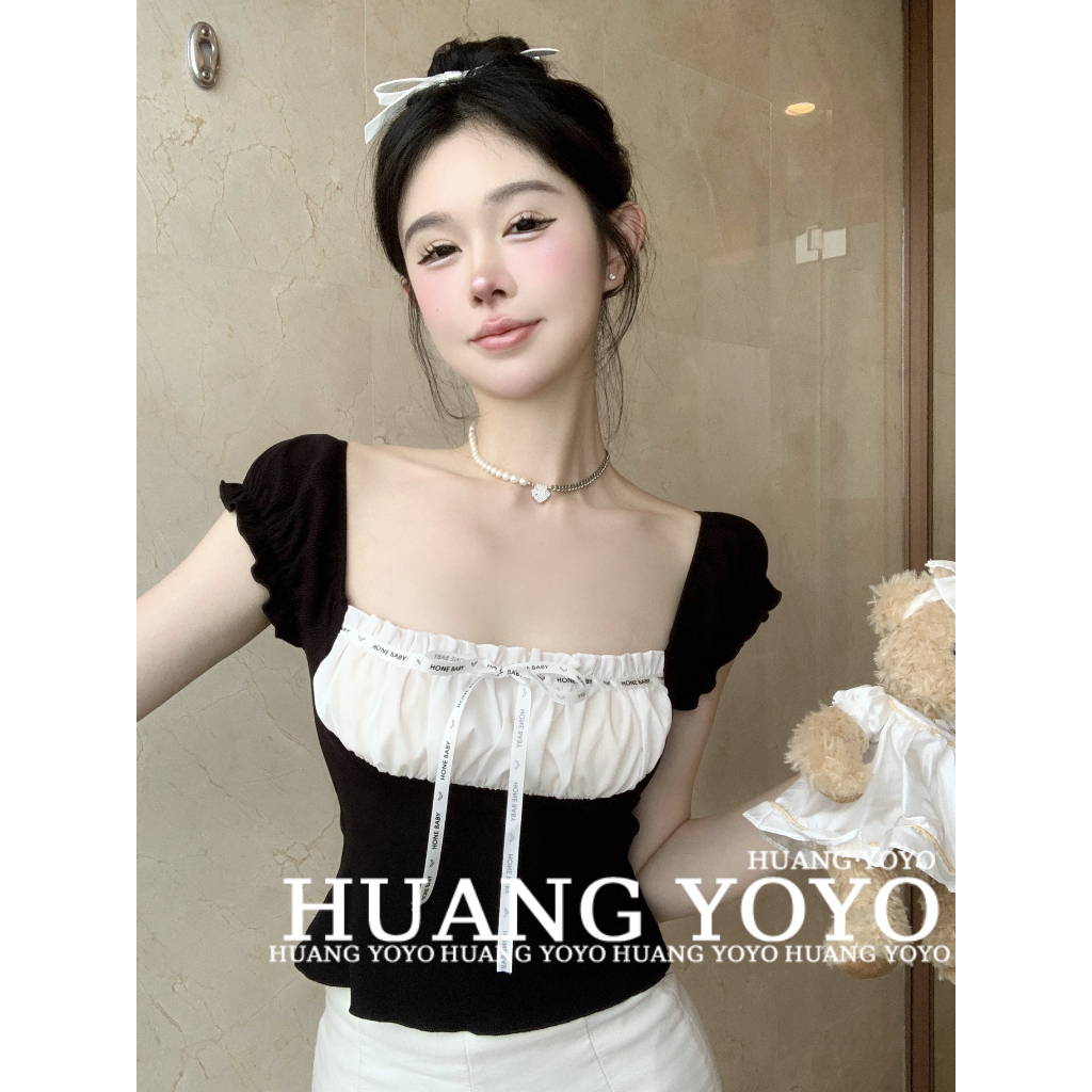 [Mã BTERT6 giảm đến 30k đơn 150k] HUANG YOYO Áo Croptop Tay Ngắn Cổ Vuông Dáng Ôm Thời Trang Mùa Hè Quyến Rũ Cho Nữ