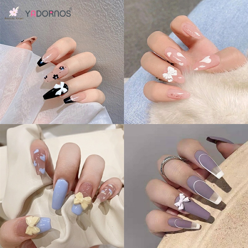 YADORNOS 24 Móng tay giả đính nơ có thể tháo rời làm đẹp cho nữ