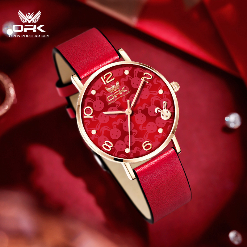 Olevs đồng hồ nữ chính hãng thời trang dây da màu đỏ với hộp 8622