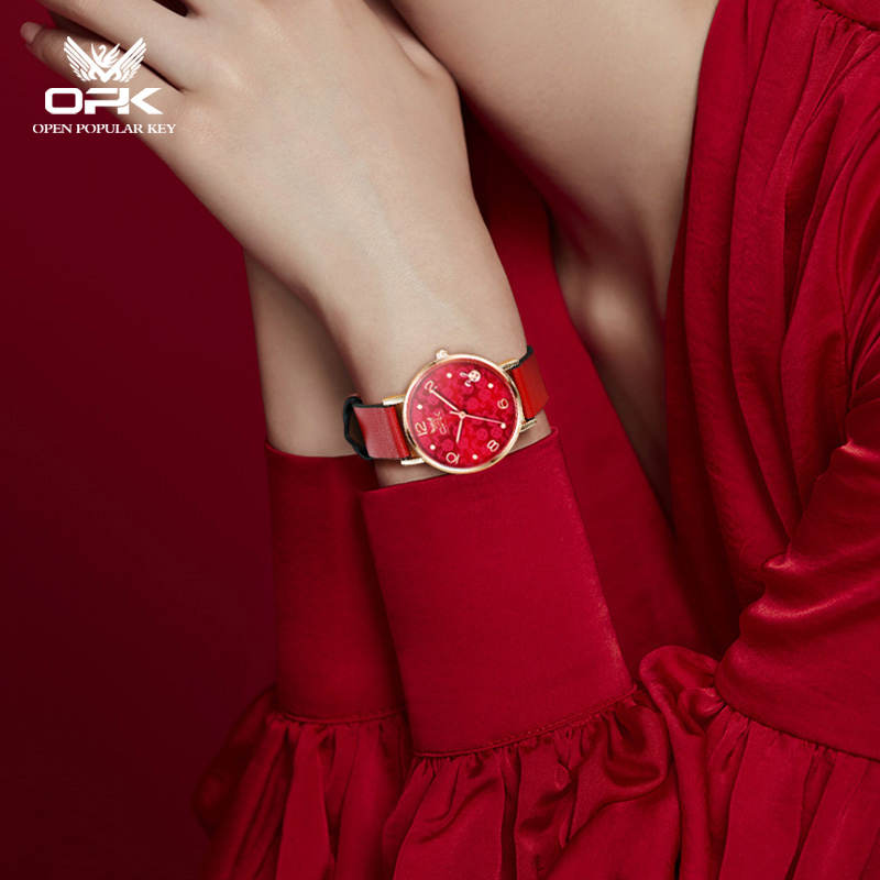 Olevs đồng hồ nữ chính hãng thời trang dây da màu đỏ với hộp 8622