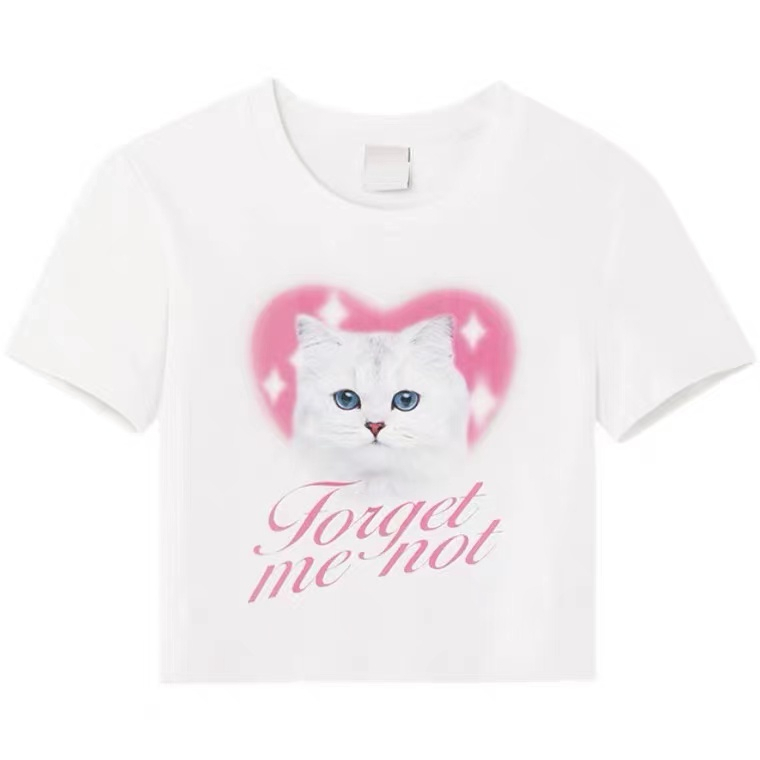 Áo Croptop Tay Ngắn Dáng Ôm In Hình Mèo Dễ Thương Phong Cách Mỹ Cổ Điển Thời Trang Cho Nữ