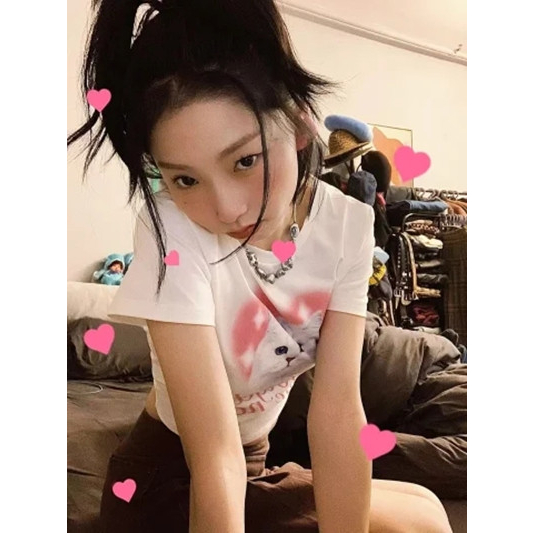 Áo Croptop Tay Ngắn Dáng Ôm In Hình Mèo Dễ Thương Phong Cách Mỹ Cổ Điển Thời Trang Cho Nữ