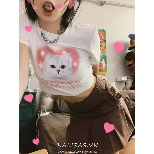 Áo Croptop Tay Ngắn Dáng Ôm In Hình Mèo Dễ Thương Phong Cách Mỹ Cổ Điển Thời Trang Cho Nữ