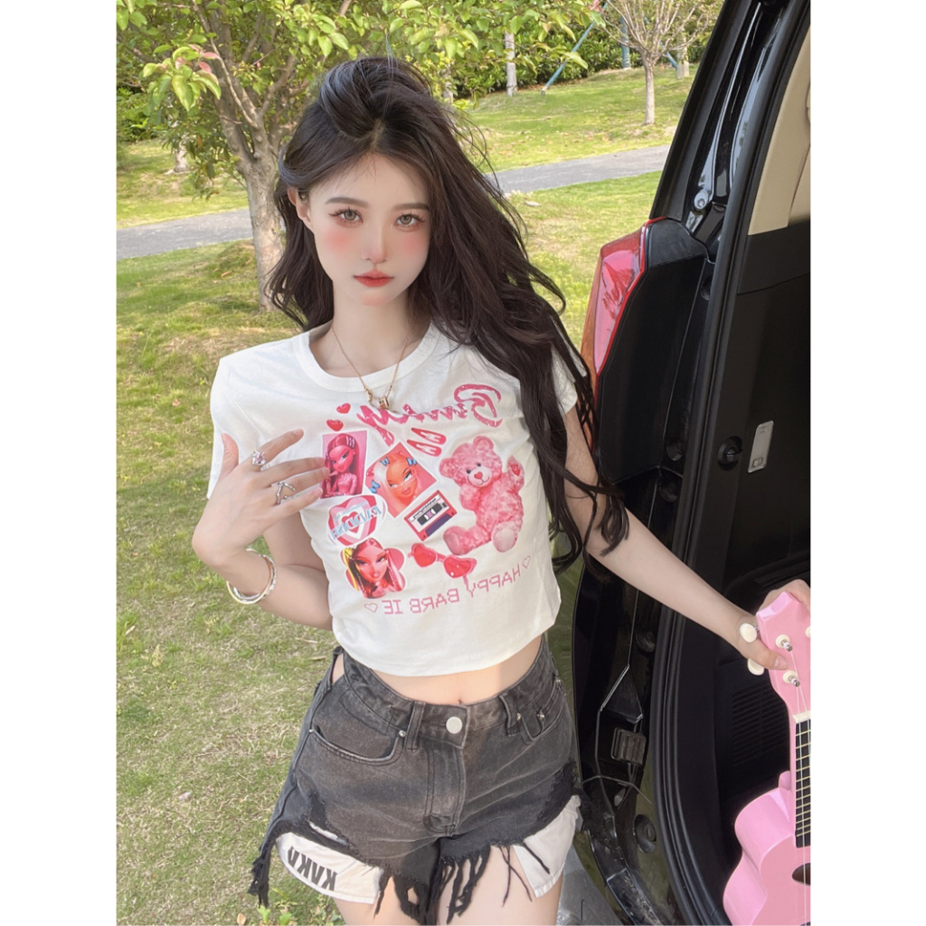 Áo Croptop Tay Ngắn Dáng Ôm In Họa Tiết Gấu Hoạt Hình Dễ Thương Cho Bạn Gái