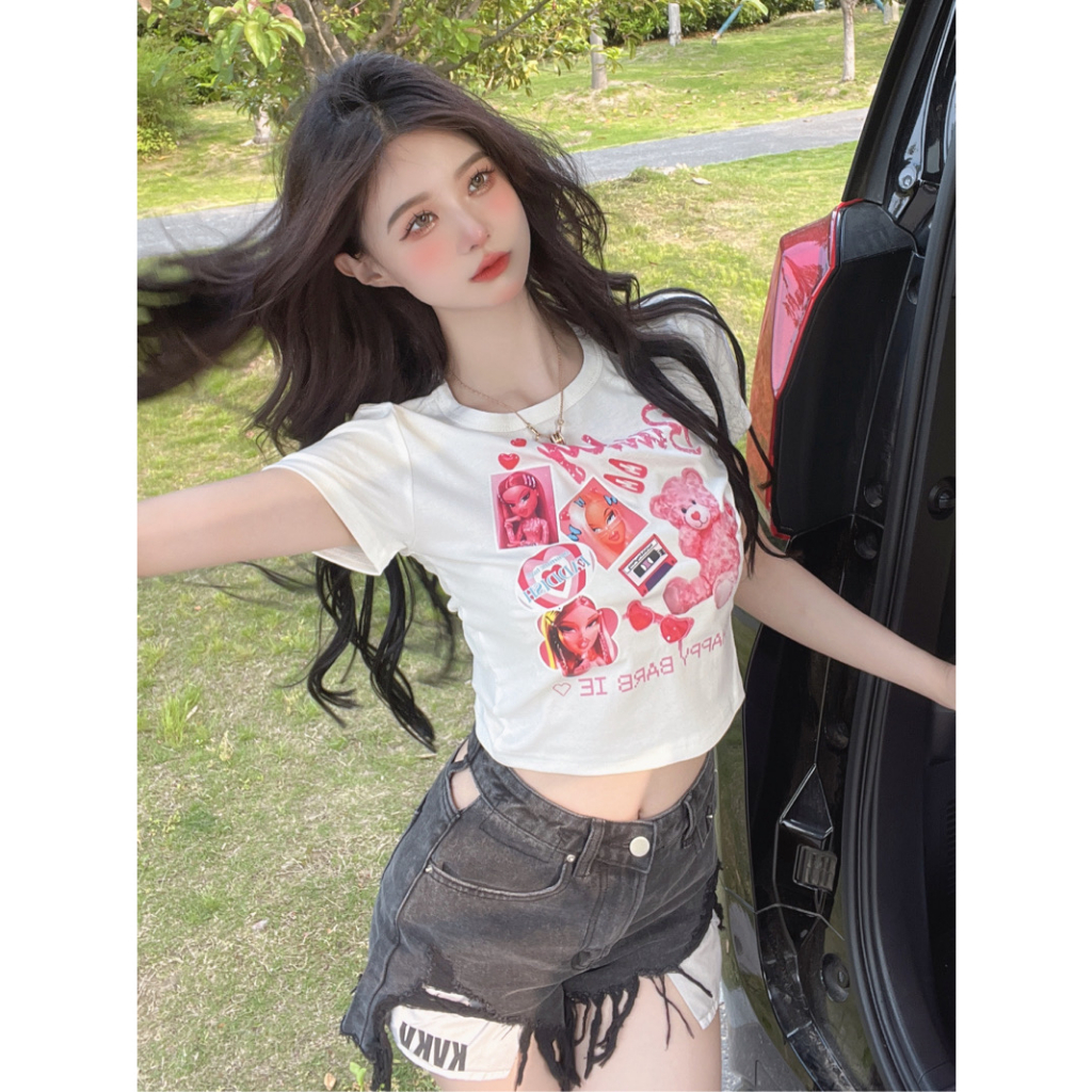 Áo Croptop Tay Ngắn Dáng Ôm In Họa Tiết Gấu Hoạt Hình Dễ Thương Cho Bạn Gái