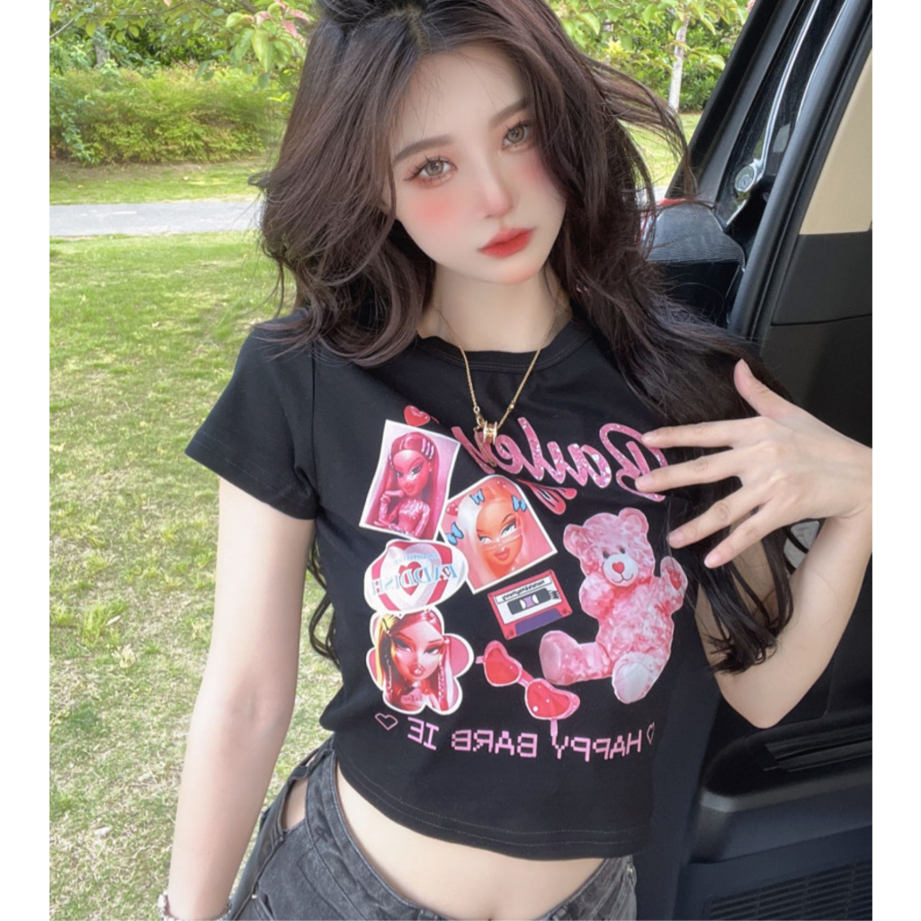 Áo Croptop Tay Ngắn Dáng Ôm In Họa Tiết Gấu Hoạt Hình Dễ Thương Cho Bạn Gái