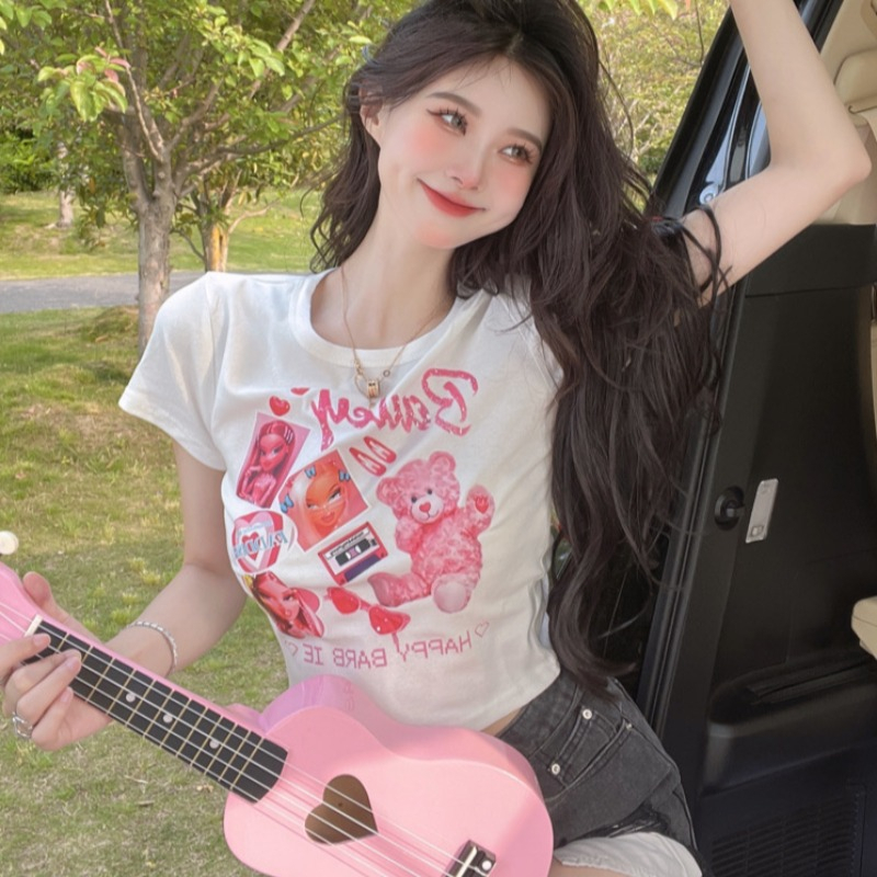Áo Croptop Tay Ngắn Dáng Ôm In Họa Tiết Gấu Hoạt Hình Dễ Thương Cho Bạn Gái