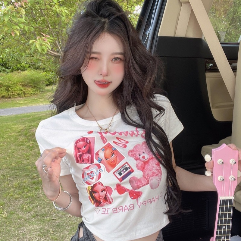 Áo Croptop Tay Ngắn Dáng Ôm In Họa Tiết Gấu Hoạt Hình Dễ Thương Cho Bạn Gái