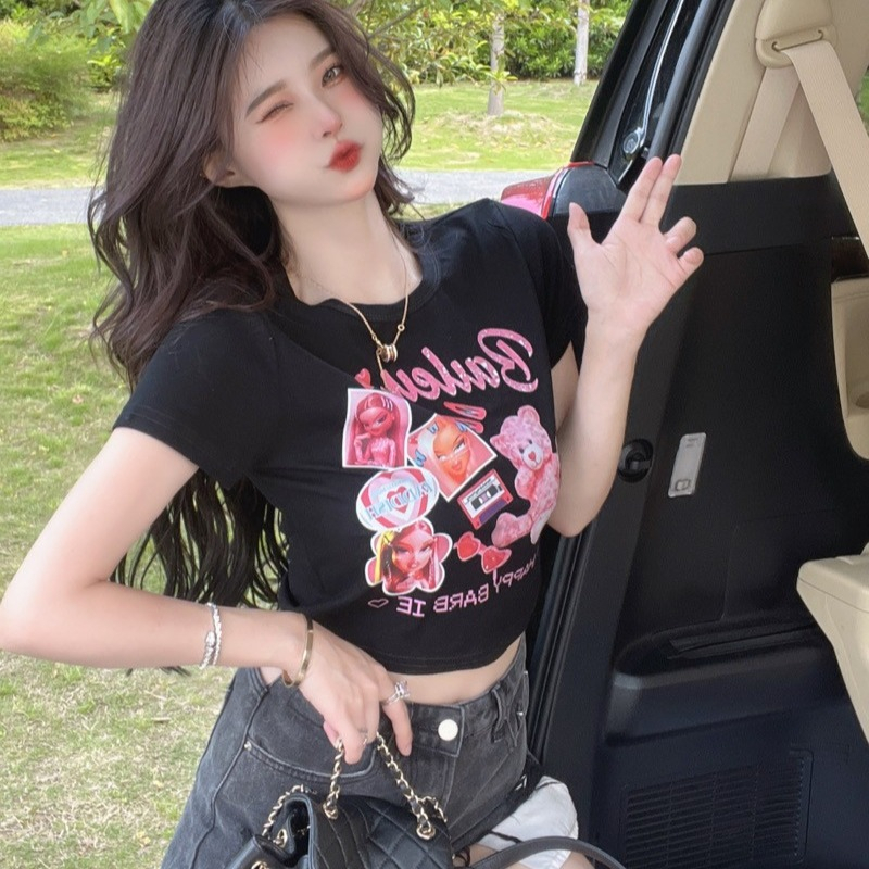 Áo Croptop Tay Ngắn Dáng Ôm In Họa Tiết Gấu Hoạt Hình Dễ Thương Cho Bạn Gái